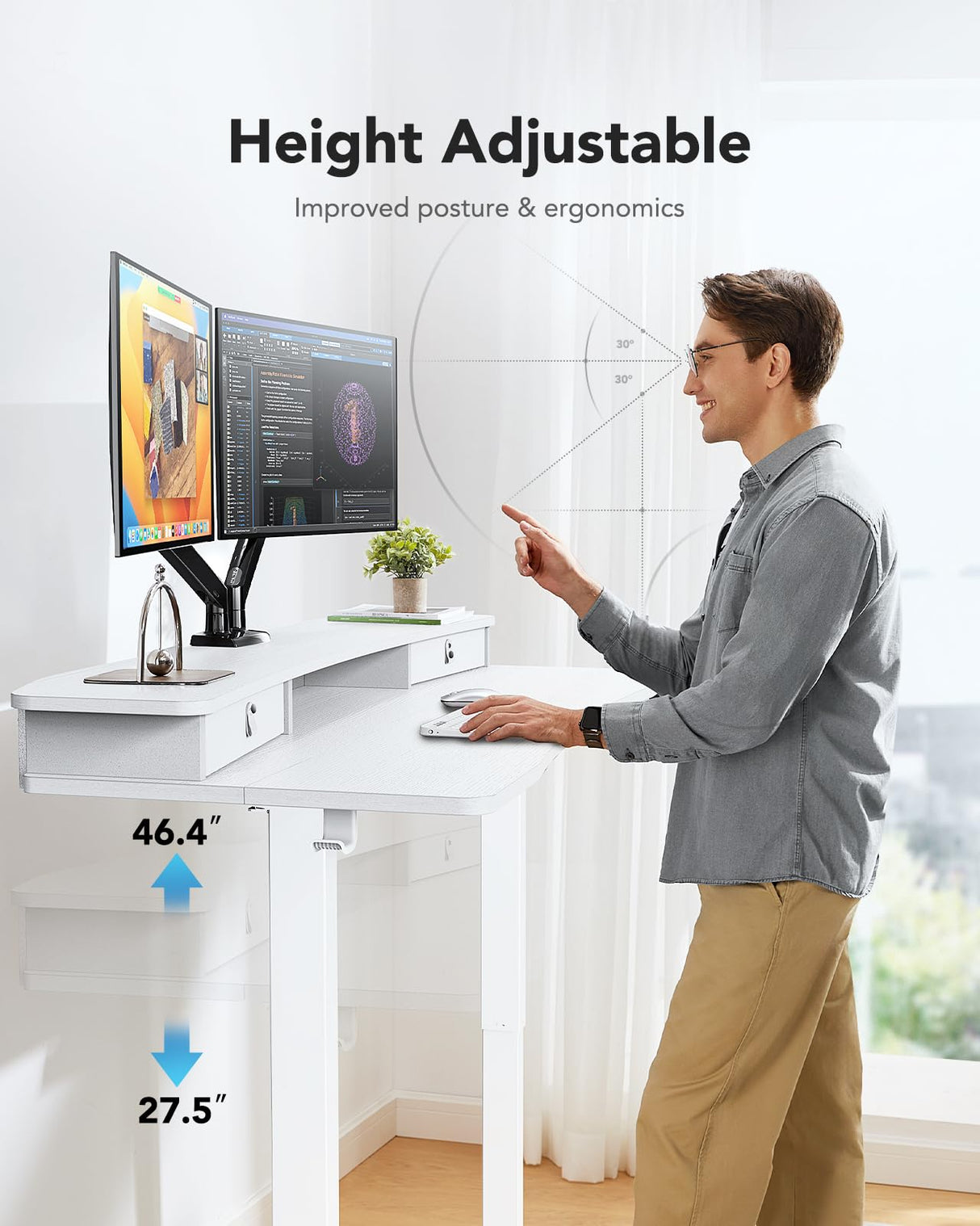 HUANUO 48″ x 24″ Electric Standing Desk with 2 Drawers, C-Clamp Mount Compatible, Height Adjustable Computer Desk, Home Office Stand Up Desk with 4 Preset Heights & 2 Hooks, White HUANUO