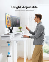 HUANUO 48″ x 24″ Electric Standing Desk with 2 Drawers, C-Clamp Mount Compatible, Height Adjustable Computer Desk, Home Office Stand Up Desk with 4 Preset Heights & 2 Hooks, White HUANUO