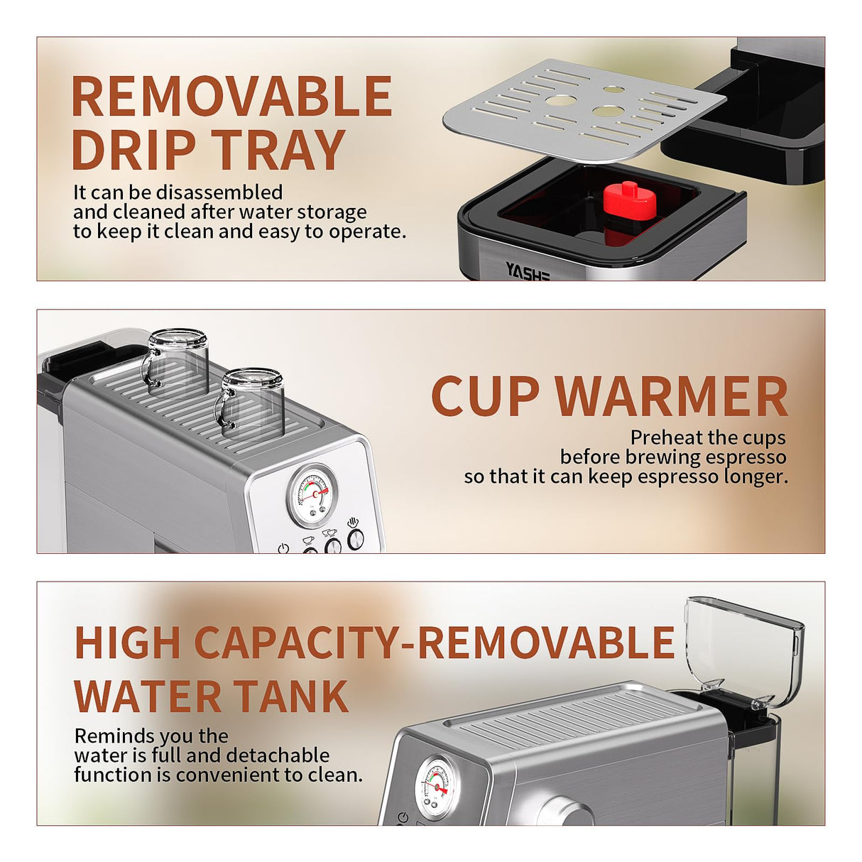 YASHE Espresso Machines 20 Bar, Upgraded 1350W Espresso Maker with Milk Frother Steam Wand and 37.2oz Removable Water Tank, Semi-Automatic Steam Espresso Coffee Maker, Cappuccino Machine for Home YASHE