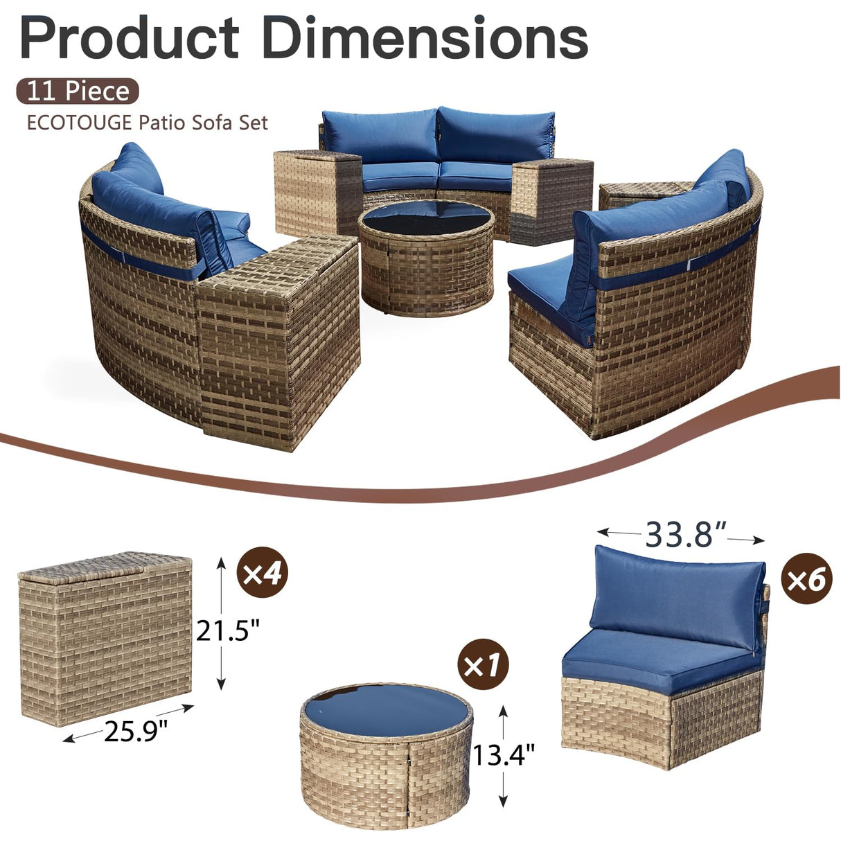 ECOTOUGE Outdoor Patio Furniture, 11-Piece Half-Moon Sectional Patio Furniture Set Curved Sofa with Tempered Glass Round Coffee Table, Fit for Pool Backyard Balcony Porch Lawn(Blue) ECOTOUGE