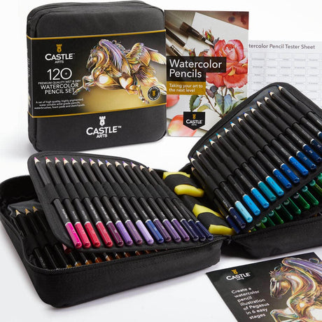 Castle Art Supplies 120 Watercolour Pencils Set with Extras | Quality Vibrant Pigments | Draw and Paint at the Same Time | For Adult Hobbyists, Professionals | In Carry-anywhere Travel Case Castle Art Supplies