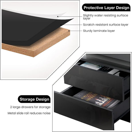 HOMMPA LED Nightstand Black Nightstand with Led Lights Modern Night Stand with 2 High Gloss Drawers Led Bedside Table Smart Nightstand for Bedroom 20.5” Tall HOMMPA