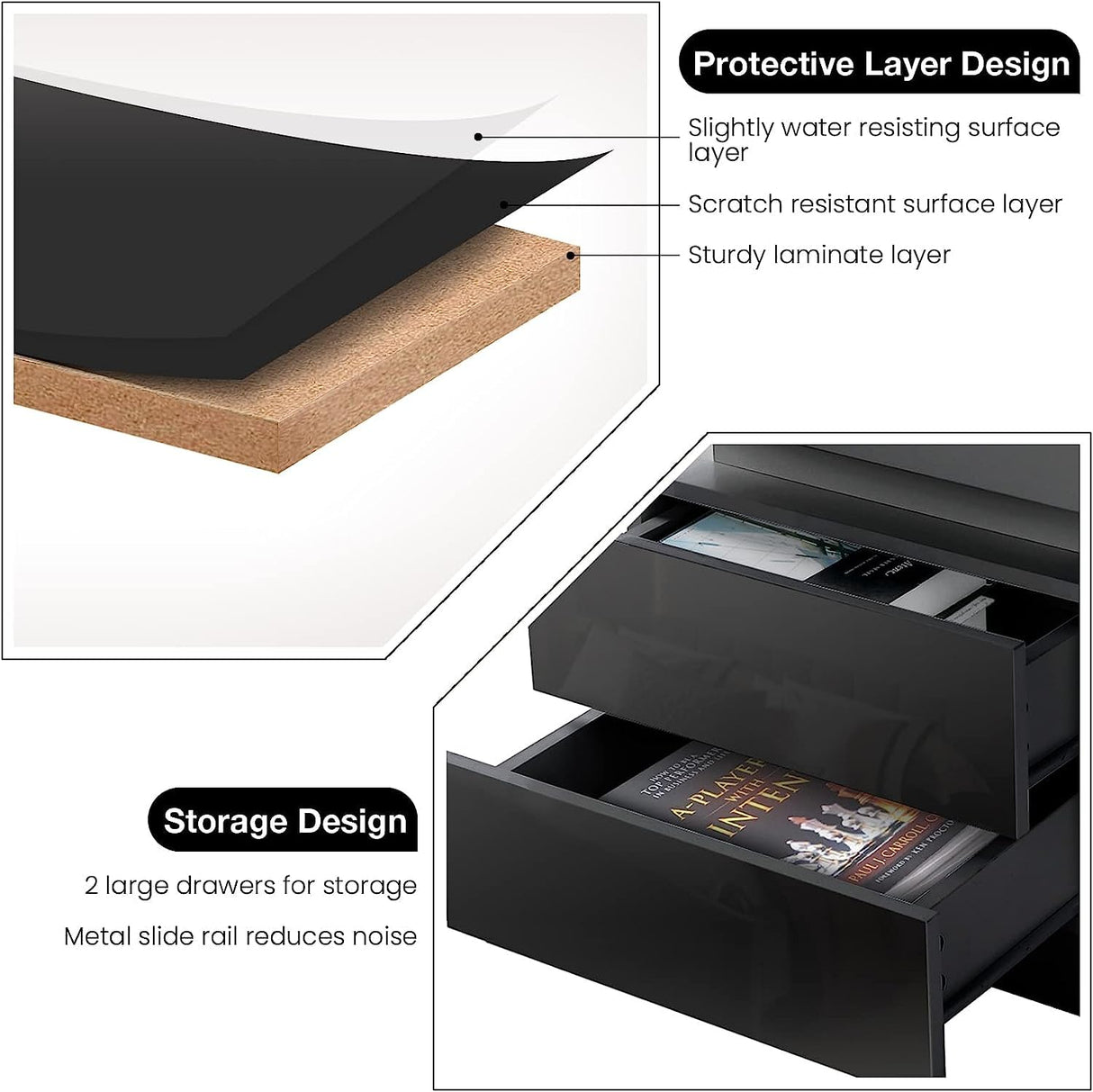 HOMMPA Set of 2 LED Nightstands Black Nightstand with Led Lights Modern Night Stand with 2 High Gloss Drawers Led Bedside Table Smart Nightstand for Bedroom 20.5” Tall HOMMPA