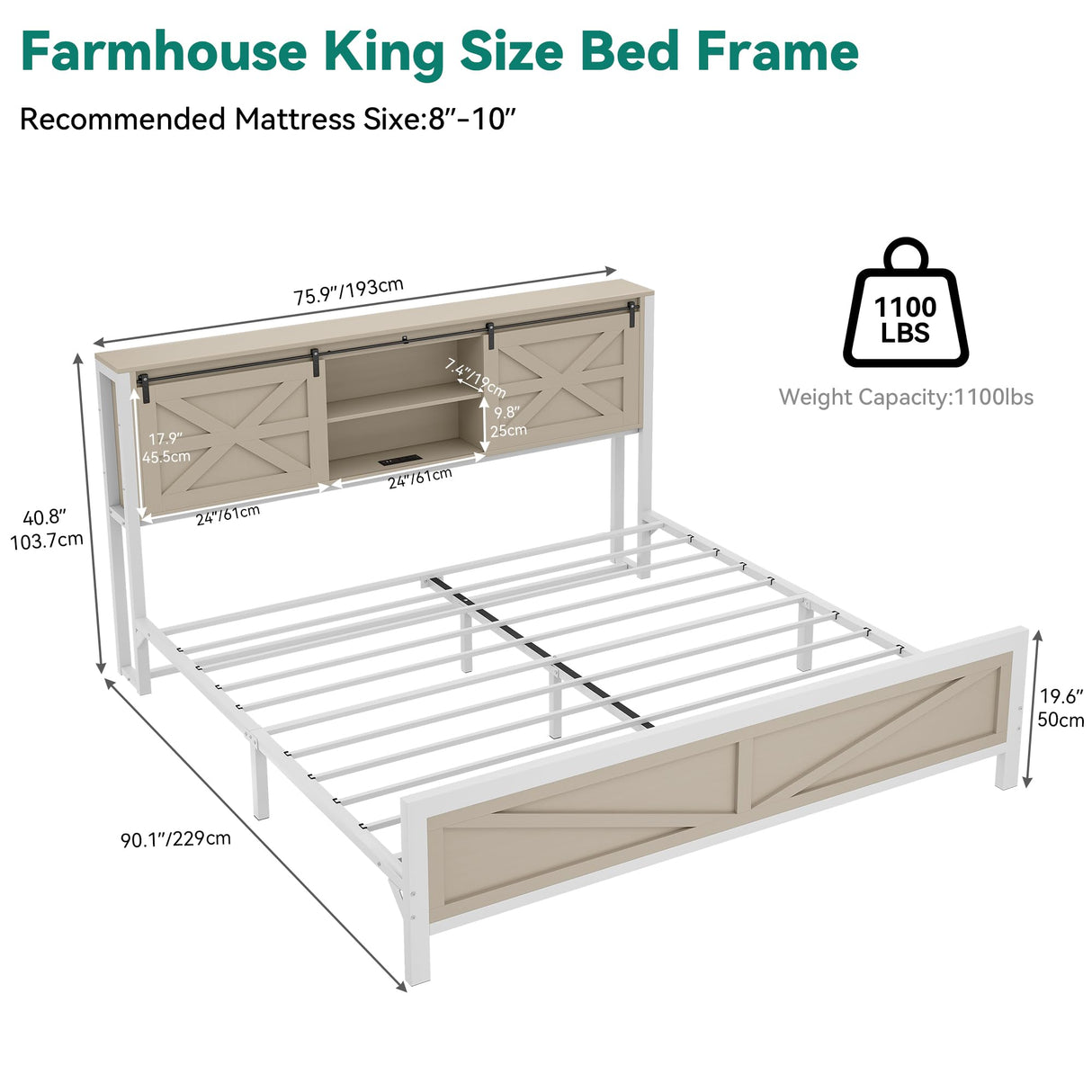 YITAHOME Farmhouse King Size Bed Frame with Headboard, Bookcase Storage Shelves, Sliding Barn Door, Charging Station, Rustic Wood Platform Bed, No Box Spring Needed, Oak YITAHOME