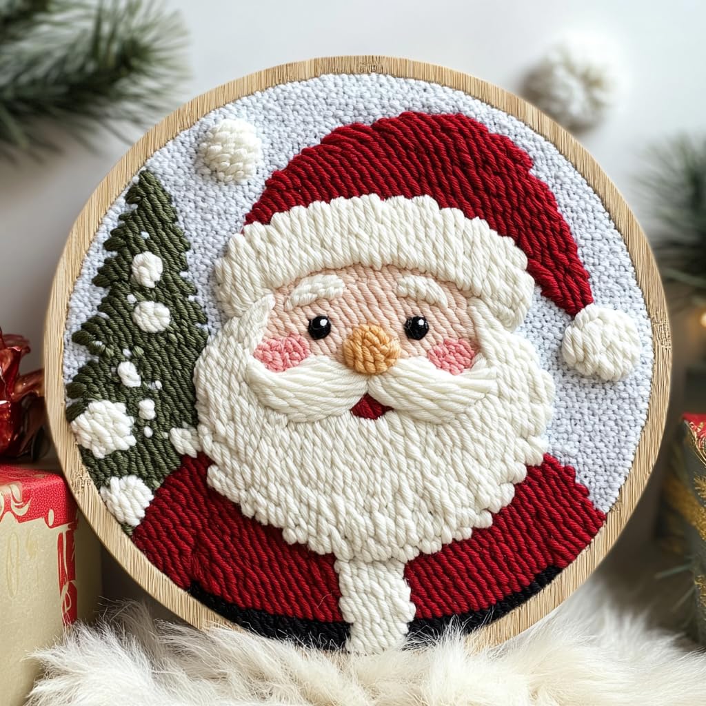 DIY Punch Needle Kits for Beginners Santa Claus with Hoop Punch Needle Starter Craft Embroidery Set Easy for Adults and Children Festival Gift and Decoration 20x20cm-9 Generic
