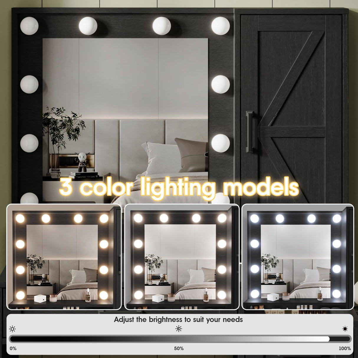 Fameill Vanity Desk with Mirror and Lights,Make up Vanity with Chair and Outlet,Dressing Table with Jewelry Cabinet, Bedroom Vanity with 2 Drawers, 3 Lighting Colors,36.4 inch,Black Fameill