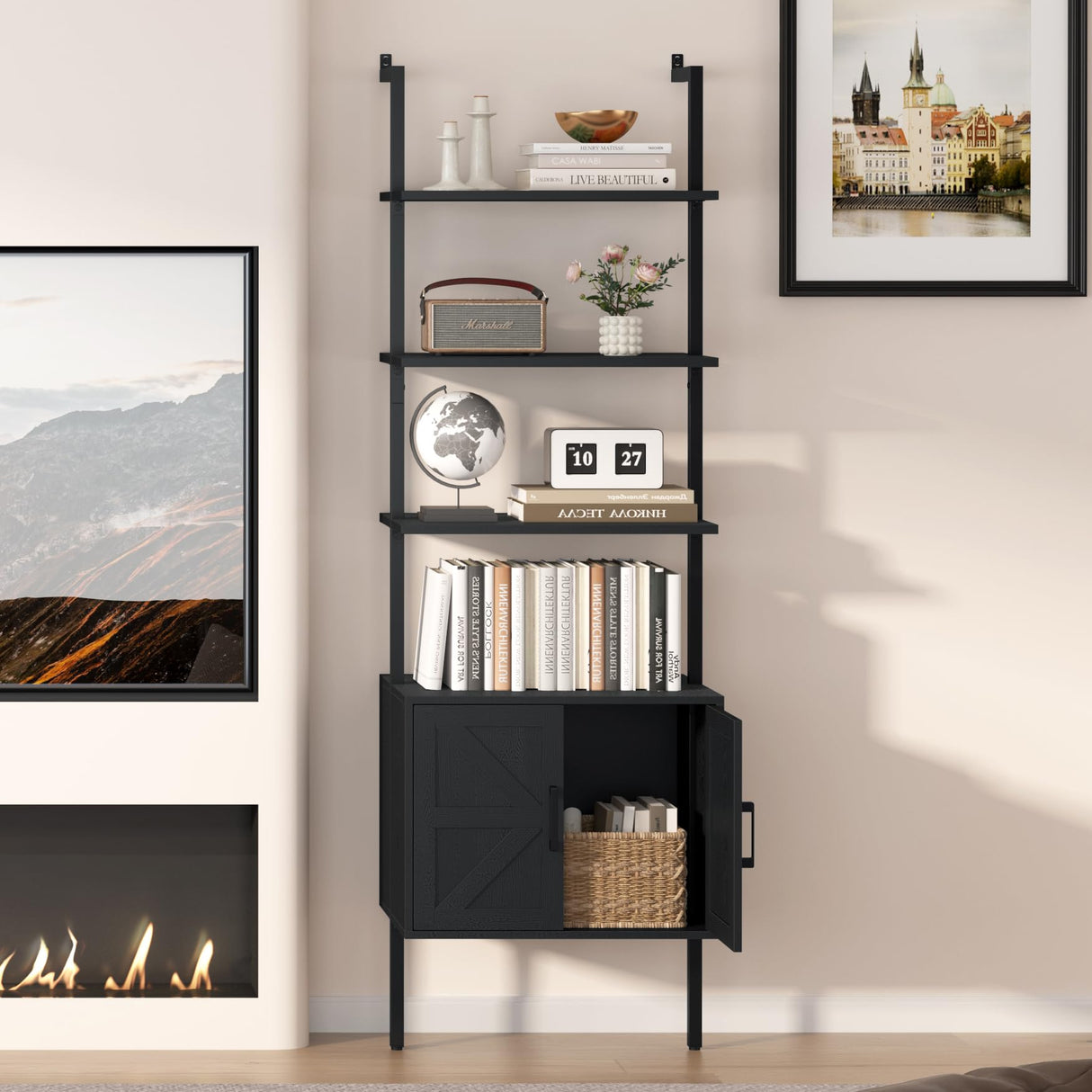 Yusong 73" Tall Bookshelf with Cabinet, Industrial Ladder Wall Mount Shelf Farmhouse Bookcase with Wood and Metal Frame, Plant Shelf Wall Storage Display for Living Room Bedroom, Farmhouse Black Yusong