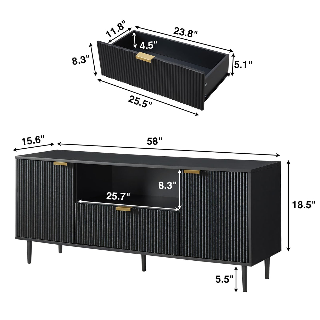 Okvnbjk Black TV Stand for 65 Inch TV, TV Consoles for Living Room, TV Stand for Bedroom w/Drawer and Storage, Wood Fluted Panel Media Console, Entertainment Center w/Soft Hinge & Cable Management Okvnbjk