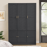 LEVNARY Black Wardrobe Closet with 3 Woven Doors, Large Armoire Wardrobe Cabinet with Adjustable Shelves and Hanging Rail, Freestanding Tall Bedroom Closet with Drawers for Clothes (Black) LEVNARY