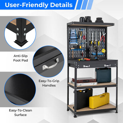 Goplus Workbench with Pegboard, 32" x 16" Multi-use Workbench with 2 Tires of Shelves, Topping Space, Drawer, Robust Metal Frame, Heavy-Duty Work Table Tool Storage Bench for Workshop Garage - WoodArtSupply