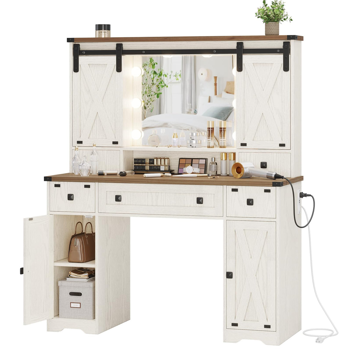 DICTAC Farmhouse Makeup Vanity Desk with Lighted Mirror & Power Strips, Vanity Table with Sliding Barn Door Hidden Shelves & 5 Drawers & 2 Cabinets, White Dressing Table for Bedroom, Lights Adjustable DICTAC