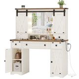 DICTAC Farmhouse Makeup Vanity Desk with Lighted Mirror & Power Strips, Vanity Table with Sliding Barn Door Hidden Shelves & 5 Drawers & 2 Cabinets, White Dressing Table for Bedroom, Lights Adjustable DICTAC