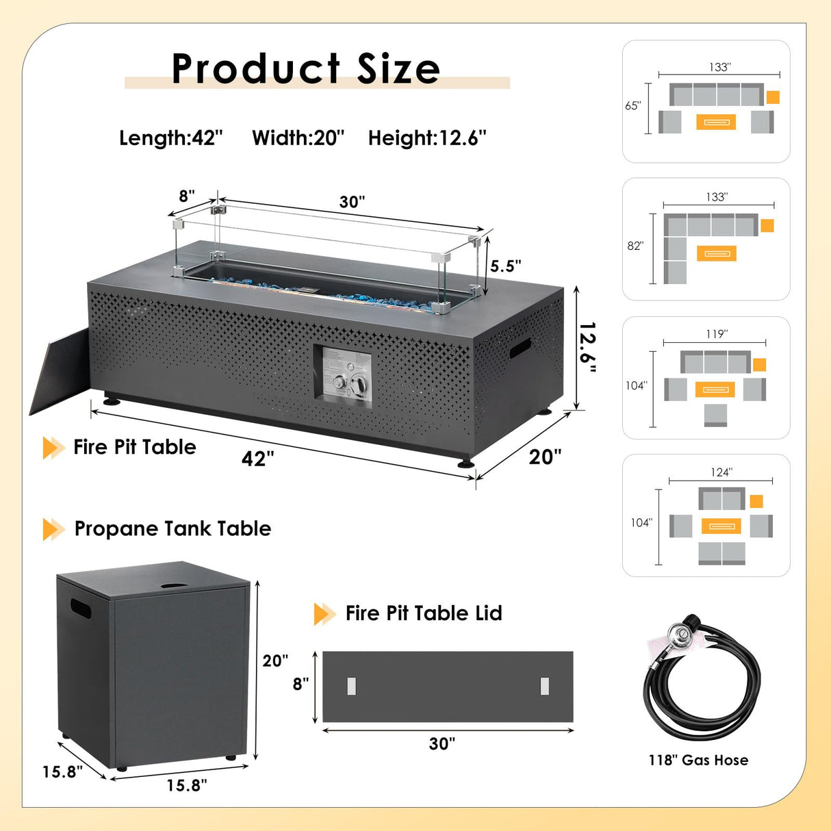 RADIATA 42” Rectangle Propane/Natural Gas Firepit for Outside Patio, Heavy Duty Modern Lowprofile Fire Pit Table with Tank Table & LED Lights, 50000BTU Backyard Fireplace for Porch Deck, Dark Gray RADIATA