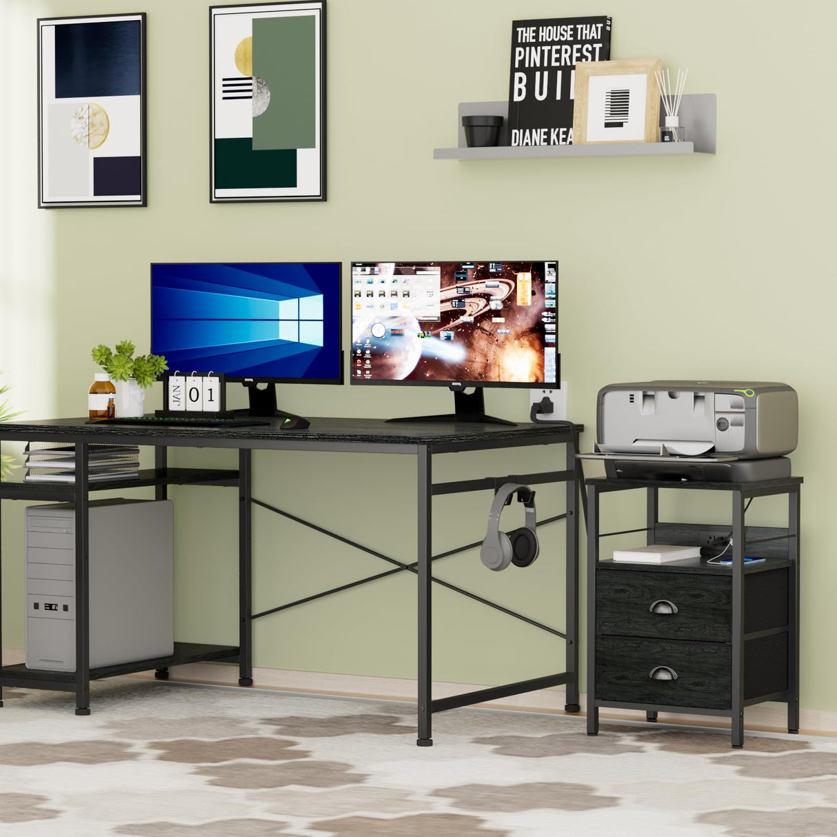 Furologee Nightstand Set of 2, Black Oak, with Charging Station and USB Ports, Side Tables with 2 Fabric Drawers, Bedside Tables with Storage Shelf & Hooks, for Living Room/Bedroom Furologee