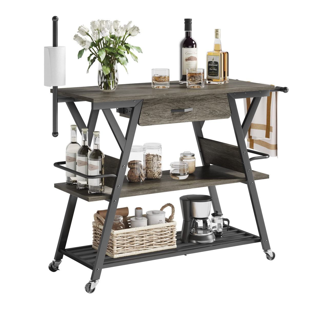 Bestier Grey Coffee Bar Station with Storage, Rolling Kitchen Cart and Towel Holder Bestier