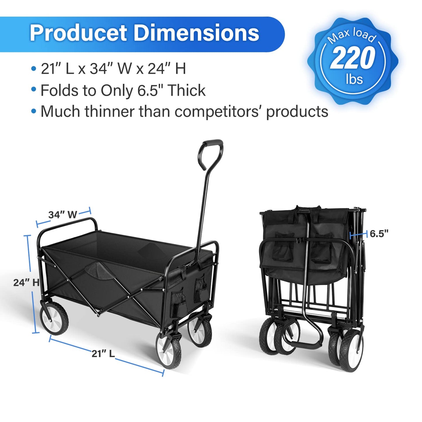 YSSOA Rolling Folding & Rolling Collapsible Garden Cart, Outdoor Camping Wagon Utility with 360 Degree Swivel Wheels & Adjustable Handle, Black 220lbs Weight Capacity