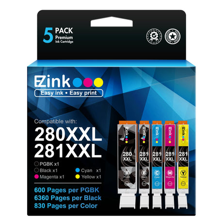 E-Z Ink Compatible Ink Cartridge Replacement for Canon PGI-280XXL CLI-281XXL 280 XXL 281 XXL Compatible with TR8620a TR8620 TS702a TS9520 TS9521C TR8520 TS6220 TS6320 TS8220 (5 Pack) E-Z Ink