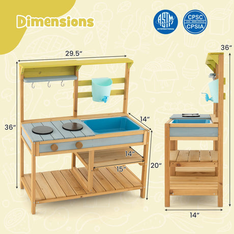 HONEY JOY Mud Kitchen for Kids Outdoor, Fir Wood Pretend Play Toy Kitchen with Removable Sink, Real Water Tank & Faucet, Stove, Toddler Kitchen Playset, Gift for Boys Girls, Natural HONEY JOY