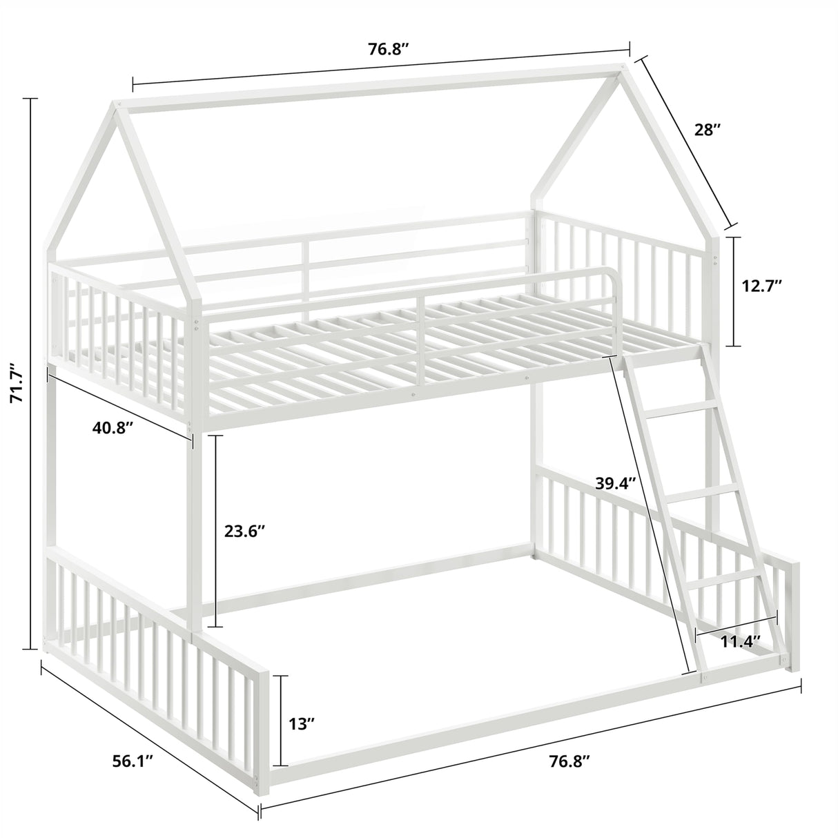 LIKIMIO Bunk Bed Twin Over Full Size, House Bunk Bed Frame with Ladder and Guardrail, House Shaped with Metal Slats Support No Box Spring Needed Space Saving for Bedroom and Dorm, White LIKIMIO