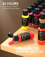 Nicpro 24 Colors Acrylic Paint Set (2 oz, 60 ml) with 12 Brushes, Non Toxic Art Supplies Kit for Rock Painting, Multi Surface Canvas Clay Wood Fabric Craft Ceramic, for Kid & Adult Beginner Nicpro