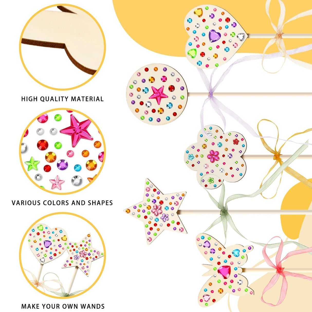 AUGSUN 43Pcs Princess Fairy Wands Kit, 20Pcs Wood Fairy Wands 20 Ribbons with 3 Sheets Gem Stickers Birthday Party Supplies Make Your Own DIY Crafts Art Magical Gifts AUGSUN