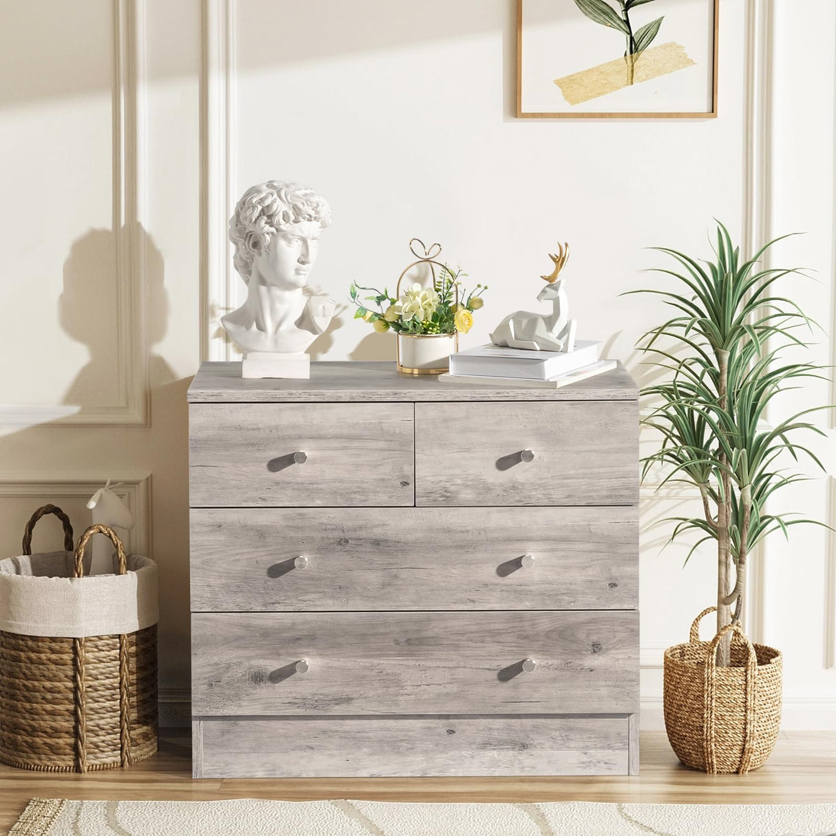 Karl home Grey 4 Drawer Dresser for Bedroom, Modern Wood Dresser Chest of Drawers, Rustic Bedroom Dressers Nightstand, Anti-Tipping Device, Rose Gold Metal Handle, Living Room, Hallway, Office Karl home