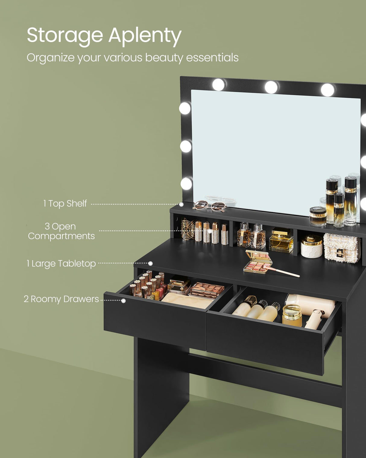 VASAGLE Vanity Desk with Mirror and Lights, Makeup Vanity with Upholstered Vanity Stool, 9 Dimmable LED Lights, 3 Compartments, 2 Drawers, for Bedroom, Ink Black URDT129B01 VASAGLE