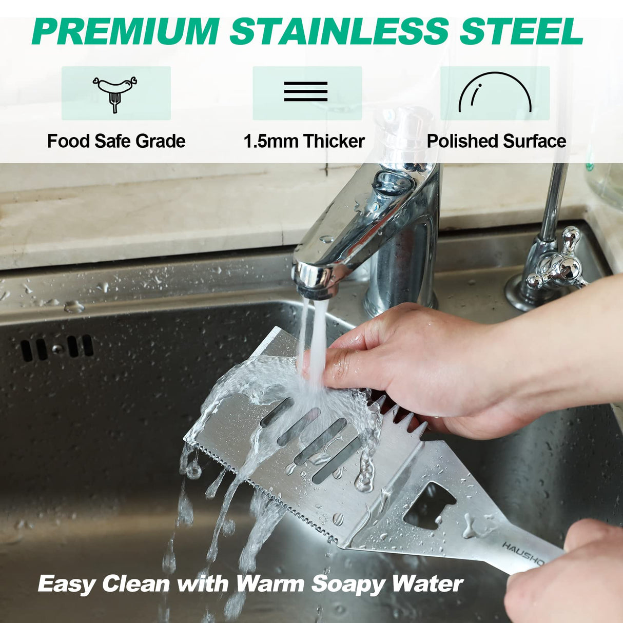 HAUSHOF Large Grill Accessories Heavy Duty BBQ Set Gifts for Men/Women - Premium Stainless Steel Spatula, Fork & Tongs (16.5/16/16.5 in.), Barbecue Utensils Tool Kit Gift for Grilling Lover Outdoor HAUSHOF