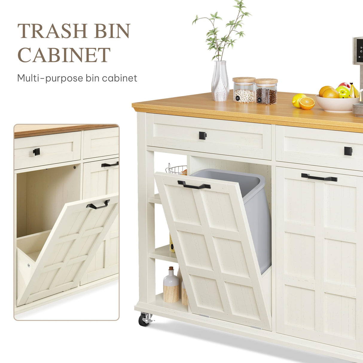 DWVO Kitchen Island with Drop Leaf, Tilt Out Trash Can Cabinet, Mobile Storage Islands with Power Outlet, Americana Rolling Island Table on Wheels with Open Shelves for Dining Room, Off White DWVO