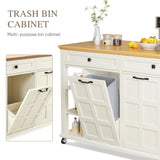 DWVO Kitchen Island with Drop Leaf, Tilt Out Trash Can Cabinet, Mobile Storage Islands with Power Outlet, Americana Rolling Island Table on Wheels with Open Shelves for Dining Room, Off White DWVO