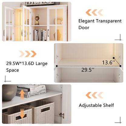 AMERLIFE 71" Tall Storage Cabinet with LED Lights, 5 Tier Large Modern Wood Kitchen Pantry with Acrylic Glass Doors & Shelves, Display Cabinet for Living room, Dining room, Bathroom, 6 Doors White