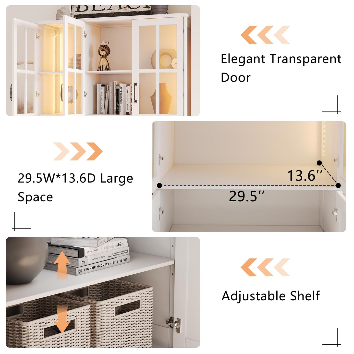 AMERLIFE Storage Cabinet Sets with LED Lights, 71" Tall Large Modern Wood Kitchen Pantry with Acrylic Glass Doors & Shelves, Display Cabinet for Living room, Dining room, Bathroom, 6+4 Doors White