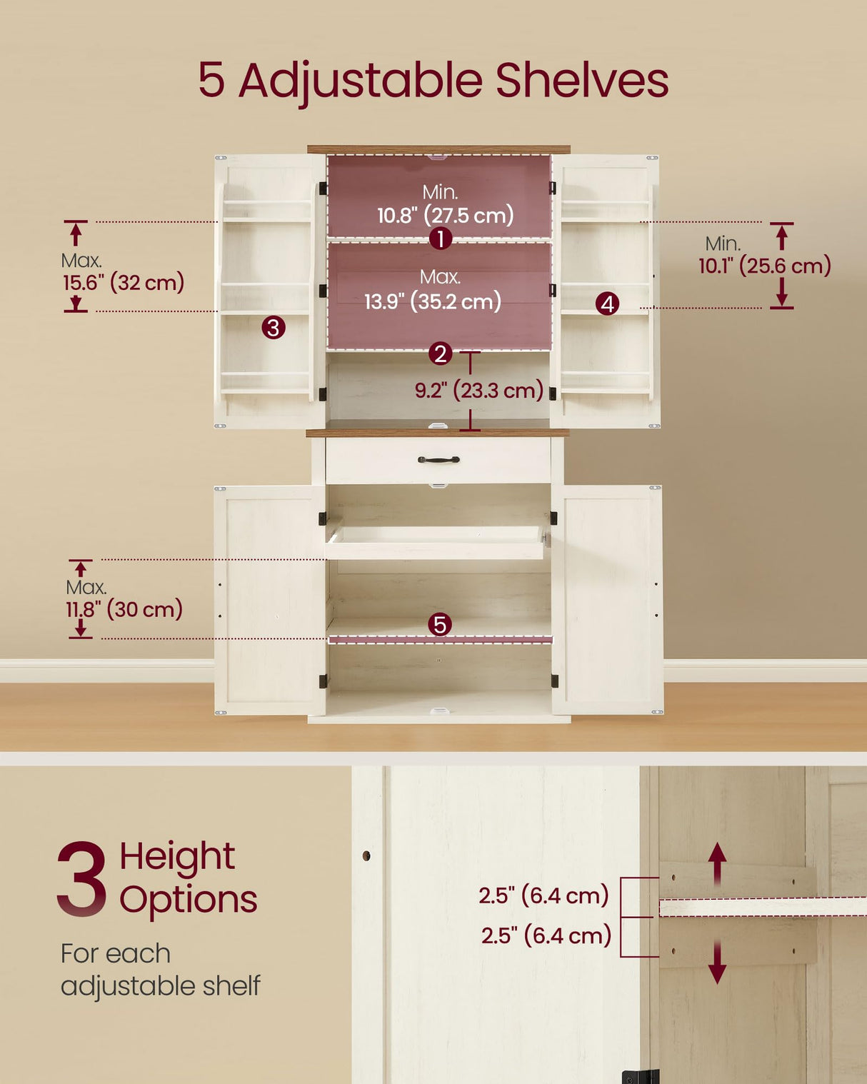 VASAGLE LIRY Collection - Pantry Cabinet, 70.3-Inch Tall Farmhouse Kitchen Storage Cabinet with Barn Doors, Drawer, Tray, Adjustable Shelves, for Kitchen, Dining Room, Rustic White UBBK364W01 VASAGLE