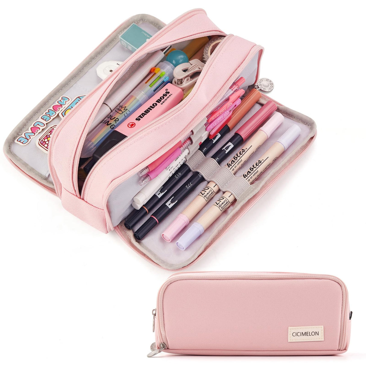 CICIMELON Large Capacity Pencil Case 3 Compartment Pouch Pen Bag for School Teen Girl Boy Men Women (Pink) CICIMELON