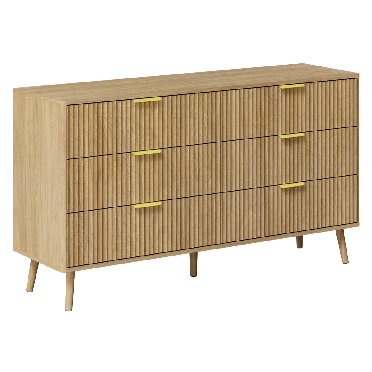 LYNSOM 6 Drawers Fluted Dresser for Bedroom, 55" Wide Modern Chest of Drawers with Metal Handle and Curved Profile Design, Dresser TV Stand, Wood Drawer Organizer for Living Room, Hallway, Natural Oak LYNSOM