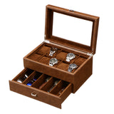 BEWISHOME Watch Box for Men Luxury Watch Case -10 Slots Watch Organizer with Drawer for Sunglass and Watch Storage, Large Glass Top, Faux Leather,Brown SSH34Z BEWISHOME