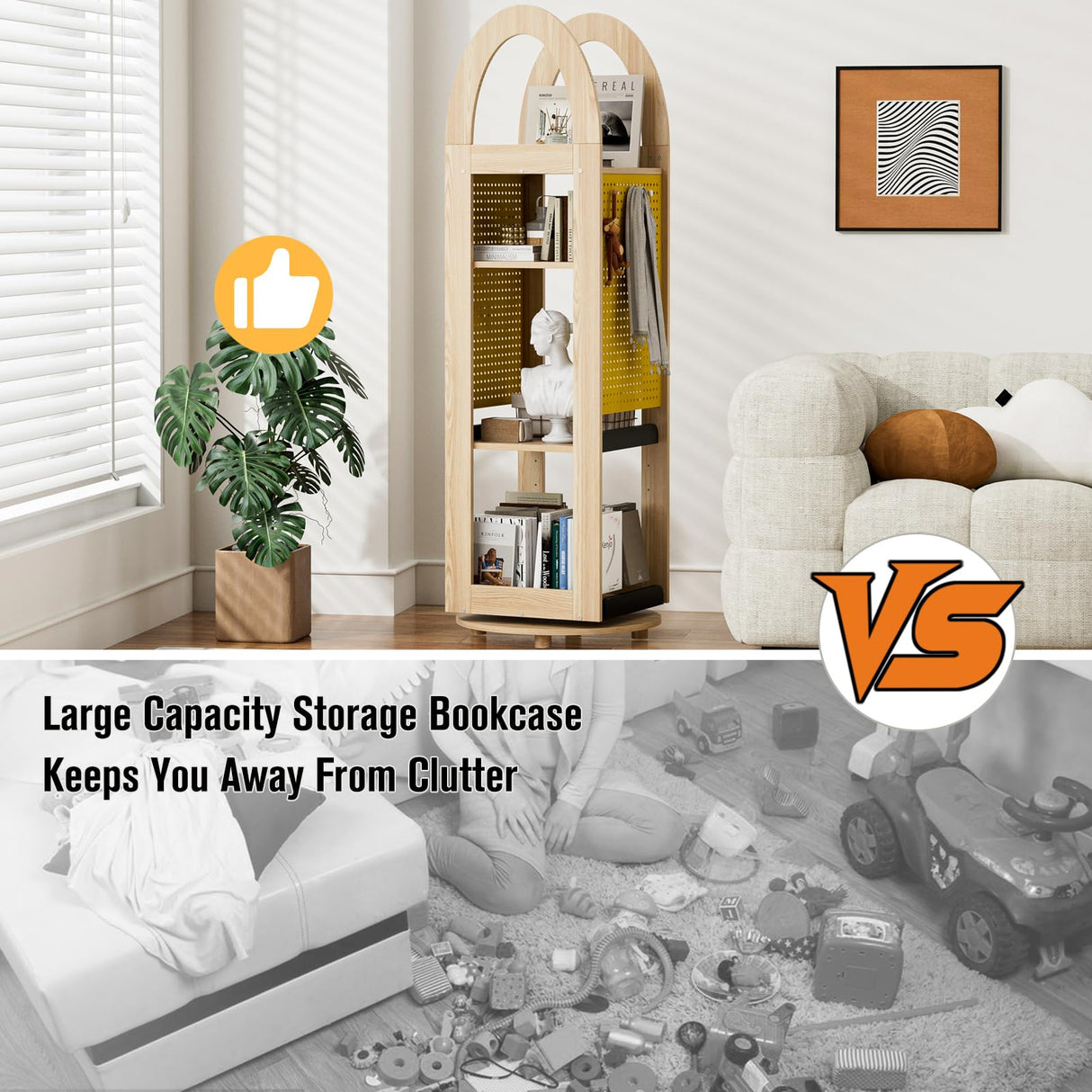 PulSpeed 360° Rotating Bookshelf 59" Tall - 4-Tier Solid Beech Wood & Iron Shelf DIY Pegboard, Anti-Tip Design Heavy Duty Storage for Small Space/Office/Living Room/Nursery/Apartment/Kid's Room PulSpeed