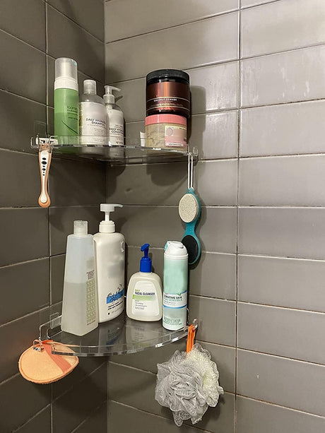JiePai Acrylic Corner Shower Caddy Shelf with Hooks 2 Pack, Adhesive Wall Mounted Bathroom Shower Organizer for Inside Shower & Kitchen Storage, Space-Saving Design JiePai