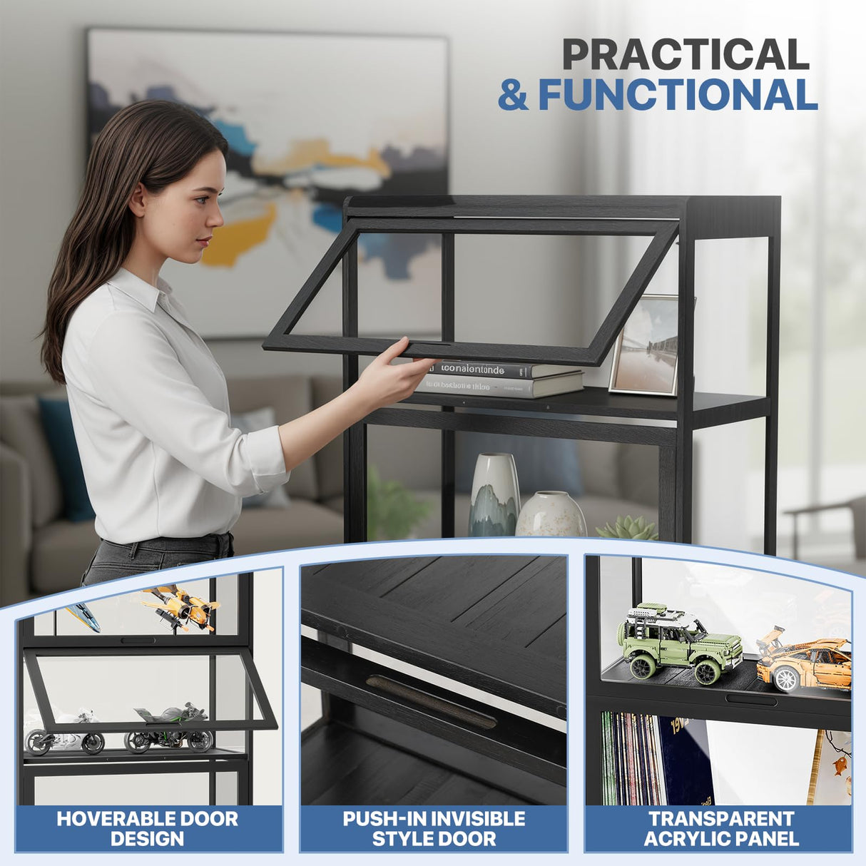 Magshion Display Cabinet with Acrylic Doors, 4-Tier Curio Cabinet for Collectibles, Display Case Showcase for Living Room, Office, 27.5"(L) x 13.5"(W) x 55"(H), Black Magshion