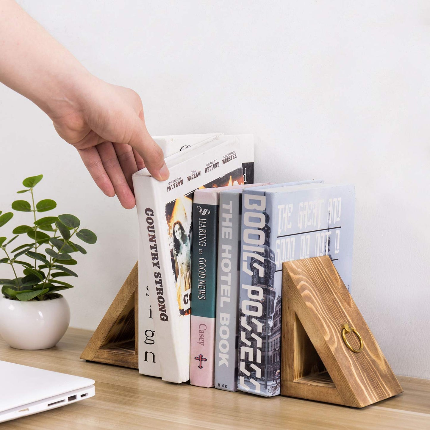 MyGift Rustic Burnt Wood Decorative Bookends with Triangular Design, Office Desk Wooden Bookend Book Stand with Brass Tone Ring Accent, 1 Pair