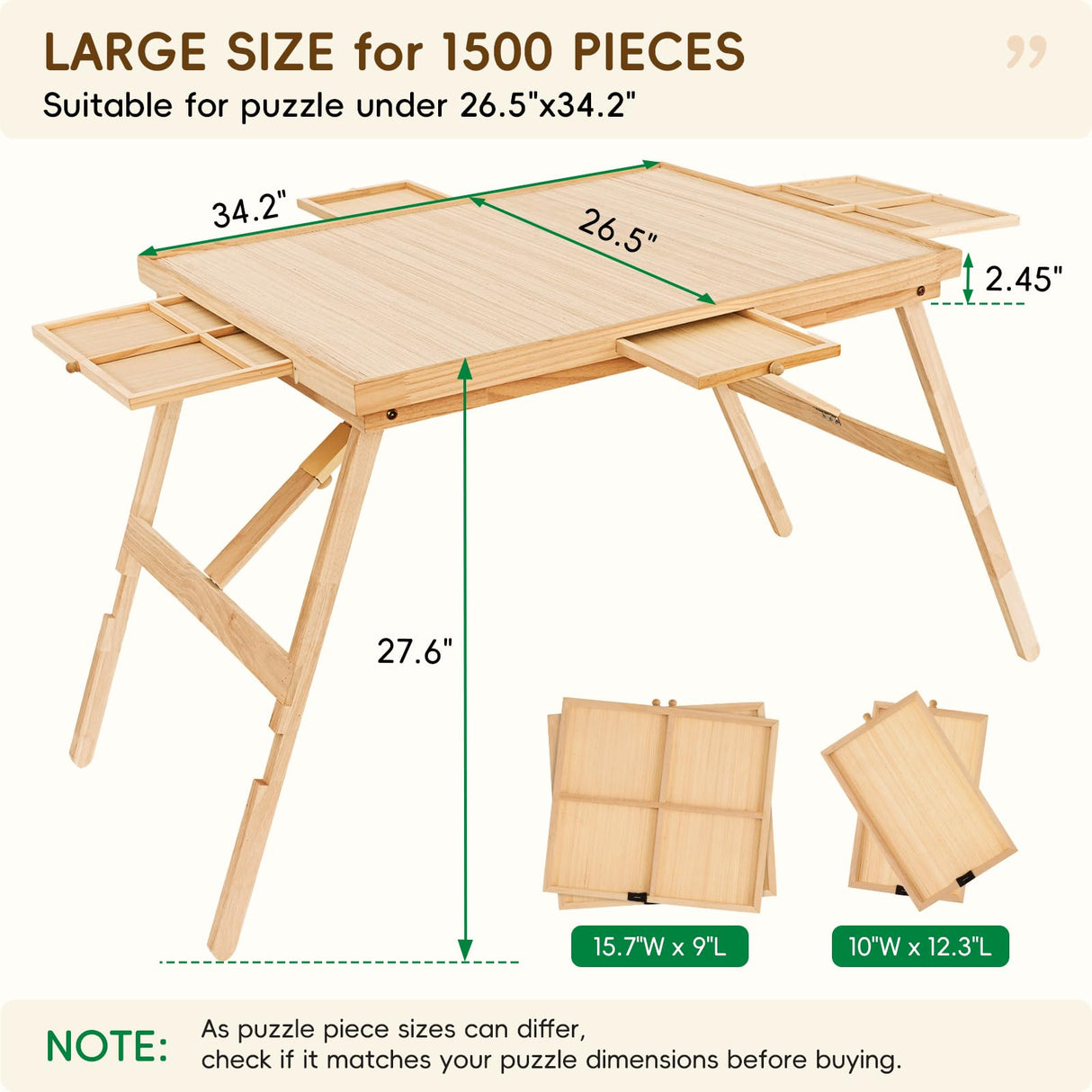 TEAKMAMA Puzzle Table 27.6" H Tall 1500 Pieces Puzzle Board with Drawers, 34.2" x 26.5" Wood Folding Jigsaw Table with Legs and Cover, Jigsaw Board for Adults, Nature TEAKMAMA
