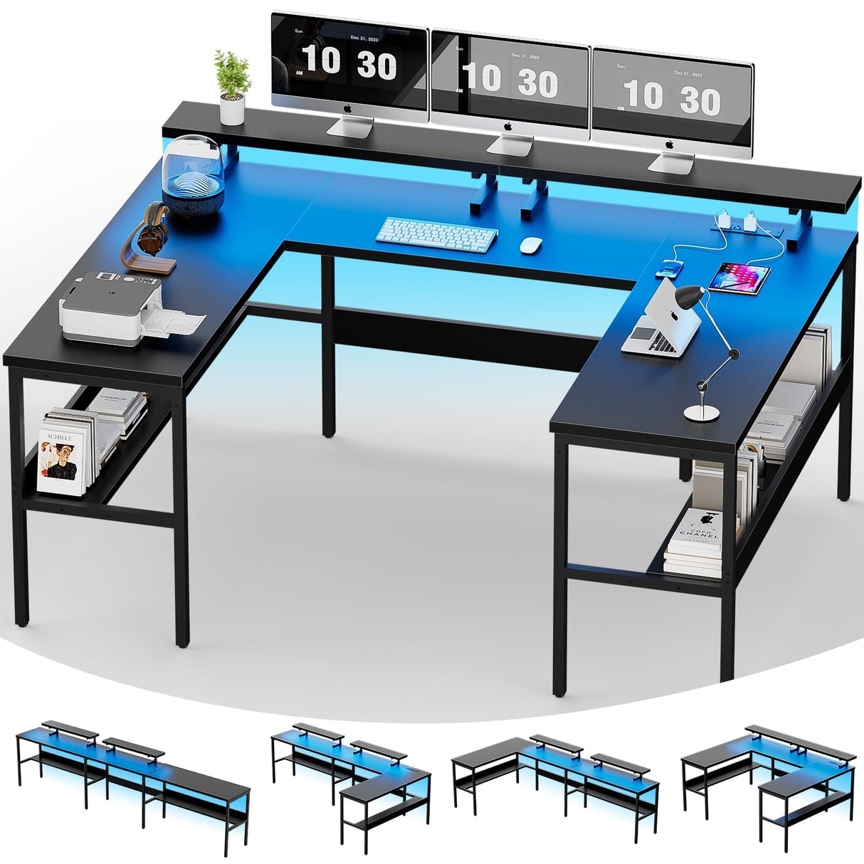 iSunirm U Shaped Computer Desk, Customizable L Shaped Office Desk with Adjustable Monitor Stand & Power Outlets & LED Strip Lights, Large Reversible Gaming Desk with Storage Shelves, Black iSunirm