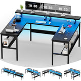 iSunirm U Shaped Computer Desk, Customizable L Shaped Office Desk with Adjustable Monitor Stand & Power Outlets & LED Strip Lights, Large Reversible Gaming Desk with Storage Shelves, Black iSunirm