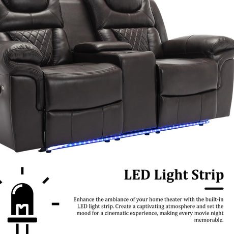 Olodumare Leather Reclining Sofa Set,Home Theater Seating with Center Console, LED Light Strip, and Storage Cup Holders, 2 Seater for Living Room,Office,Home Theater,RV. Loveseat(Brown) Olodumare