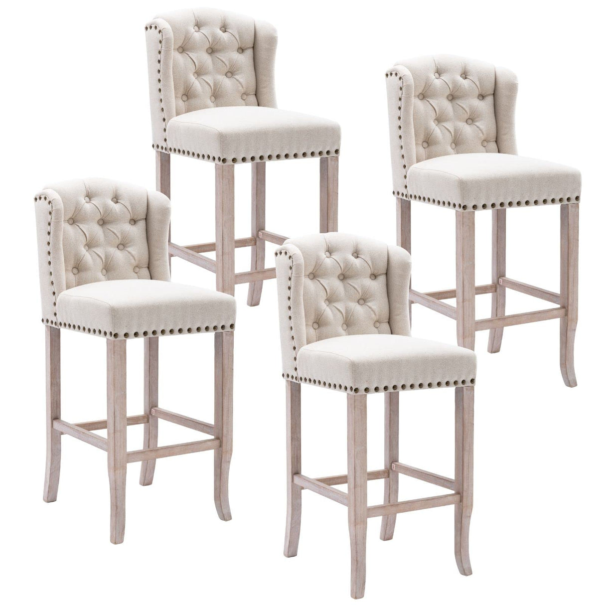 LukeAlon Classic 30" Linen Bar Stools Set of 4, Button Tufted Wingback Tall Bar Chairs with Wooden Legs Farmhouse High Kitchen Stool with Nailhead Trim for Home Breakfast Bar, Beige LukeAlon