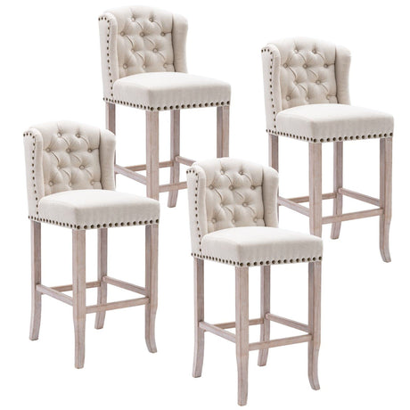 LukeAlon Classic 30" Linen Bar Stools Set of 4, Button Tufted Wingback Tall Bar Chairs with Wooden Legs Farmhouse High Kitchen Stool with Nailhead Trim for Home Breakfast Bar, Beige LukeAlon