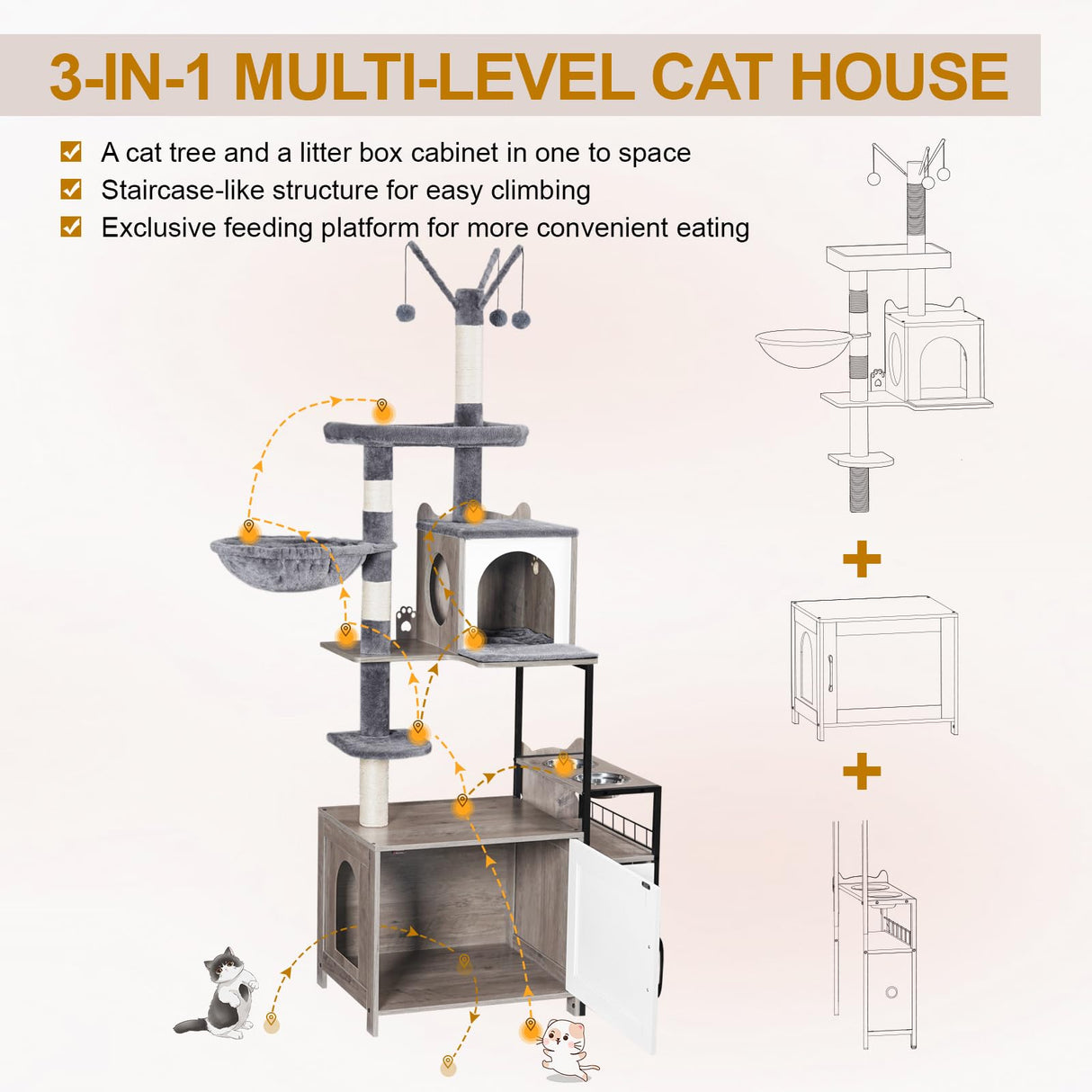 Snughome Cat Tree with Litter Box Enclosure, 3-in-1 Modern Cat Tower for Indoor Cats, 67.32’’ Hidden Cat Litter Box Furniture with Cat Condo, Food Station and Hammocks, All-in-one Cat Furniture Snughome