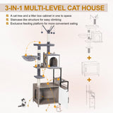 Snughome Cat Tree with Litter Box Enclosure, 3-in-1 Modern Cat Tower for Indoor Cats, 67.32’’ Hidden Cat Litter Box Furniture with Cat Condo, Food Station and Hammocks, All-in-one Cat Furniture Snughome