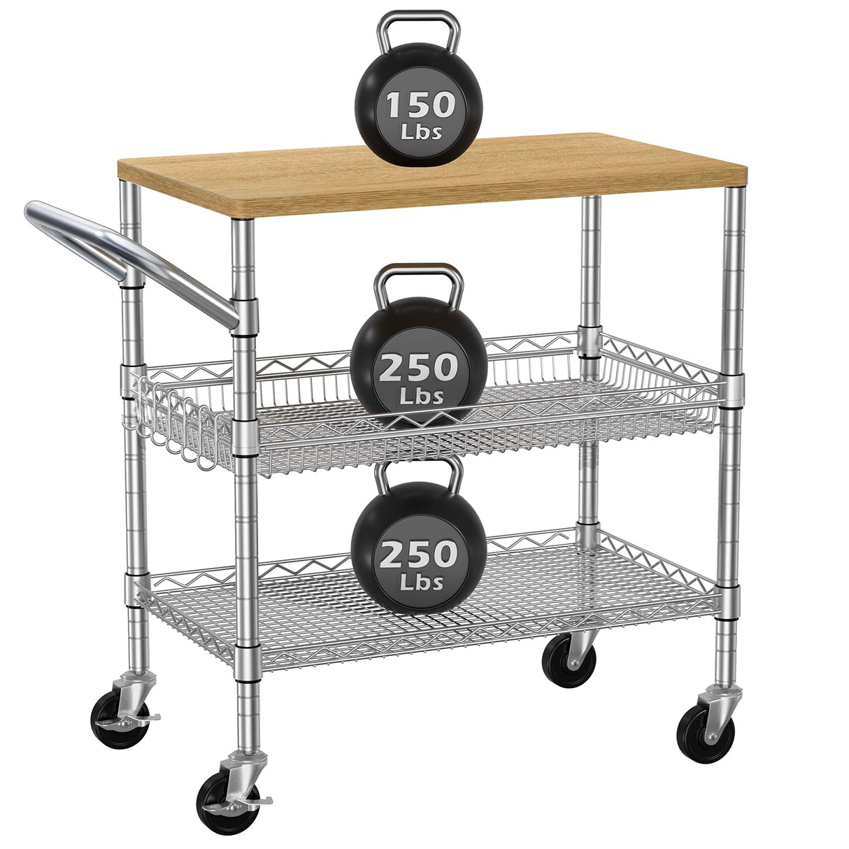 3 Tier Rolling Kitchen Carts on Wheels with Storage,650Lbs Heavy Duty Utility Carts with Wheels,Kitchen Island with Wood Tabletop,Metal Serving Rolling Cart for Small Appliance Food Cart,Wood+Metal BolDuck