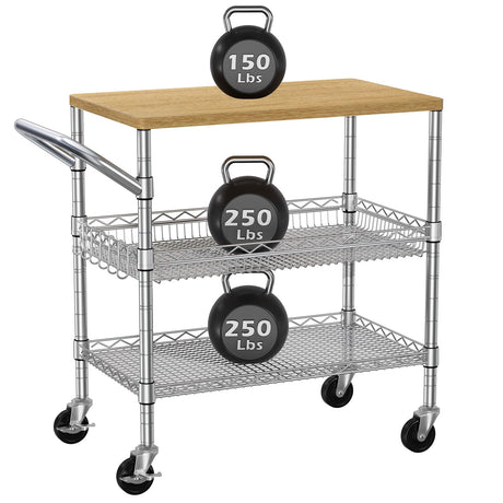 3 Tier Rolling Kitchen Carts on Wheels with Storage,650Lbs Heavy Duty Utility Carts with Wheels,Kitchen Island with Wood Tabletop,Metal Serving Rolling Cart for Small Appliance Food Cart,Wood+Metal BolDuck